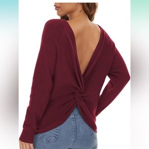 Long Sleeve Criss Cross Twisted Back Pullover Knit Sweater-Red. Large